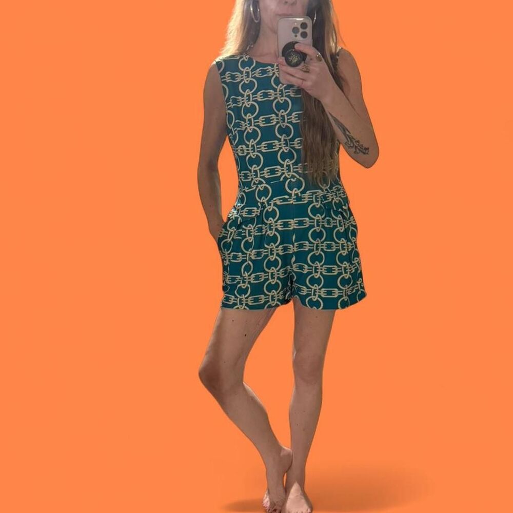 Aryeh Teal & Cream Chain Link Sleeveless Romper Dress Sz Medium (one defect)